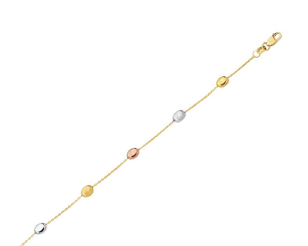 14K Yellow, White and Rose Gold Oval Beaded Cable Link Ankle Bracelet Adjustable Anklet Foot Chain