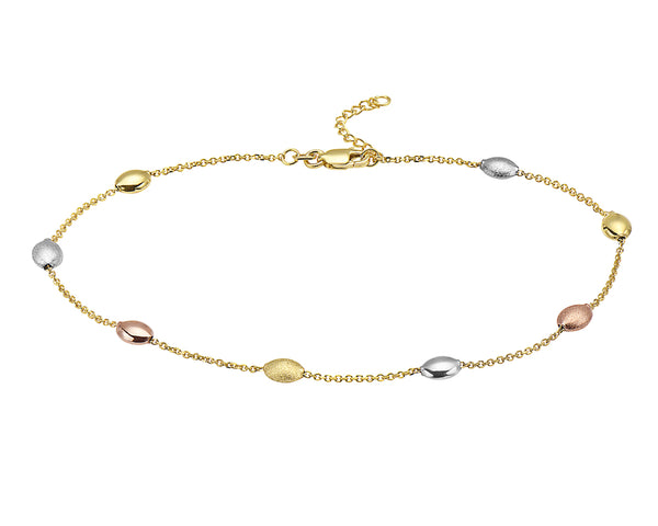 14K Yellow, White and Rose Gold Oval Beaded Cable Link Ankle Bracelet Adjustable Anklet Foot Chain
