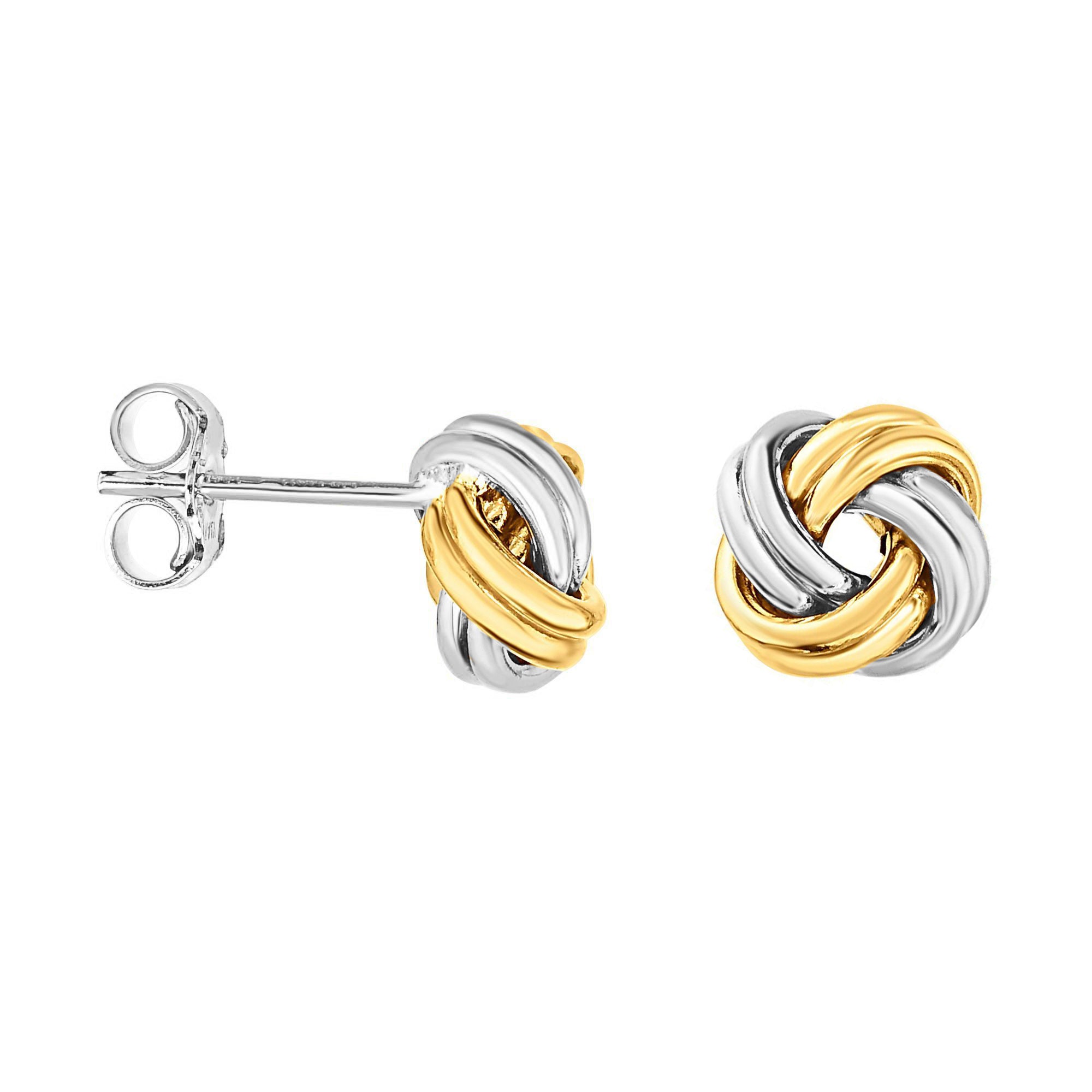 <h3><span data-sheets-root="1"><span>two-tone love knot stud earrings. these exquisite studs feature a classic love knot design, combining the lustrous appeal of sterling silver 925 with a rich yellow gold-tone overlay. the two-tone effect adds depth and sophistication, making these earrings a versatile addition to any jewelry collection.<br></span></span></h3>
<ul>
<li><span data-sheets-root="1"><span>beautiful love knot stud earrings in sterling silver 925 with yellow gold overlay. perfect two-tone design