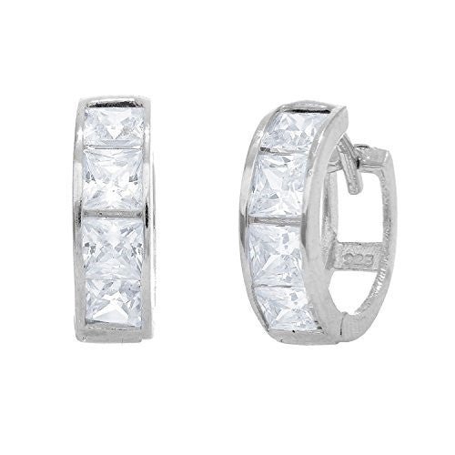 Ritastephens  .925 Sterling Silver Princess Cut Huggie Hoop Earrings - 4.5x14mm CZ, Elegant Shiny Silver Hoops, Classic & Timeless Huggies, High-Quality Silver Earrings