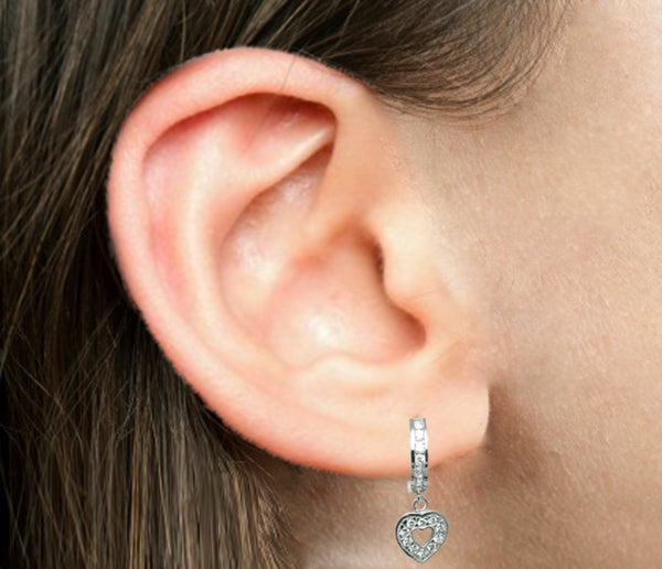 .925 Sterling Silver Open Heart Dangling Huggy Huggie White CZ Earrings