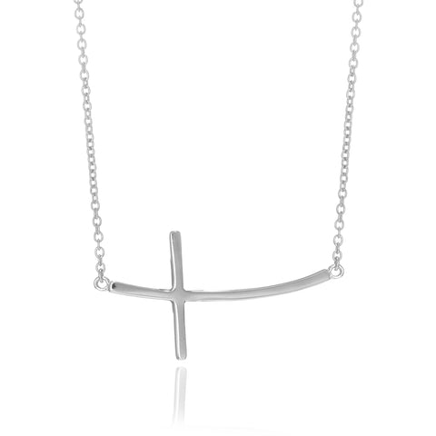 Sterling Silver Curved Sideways Cross Necklace 16"-18" Adjustable