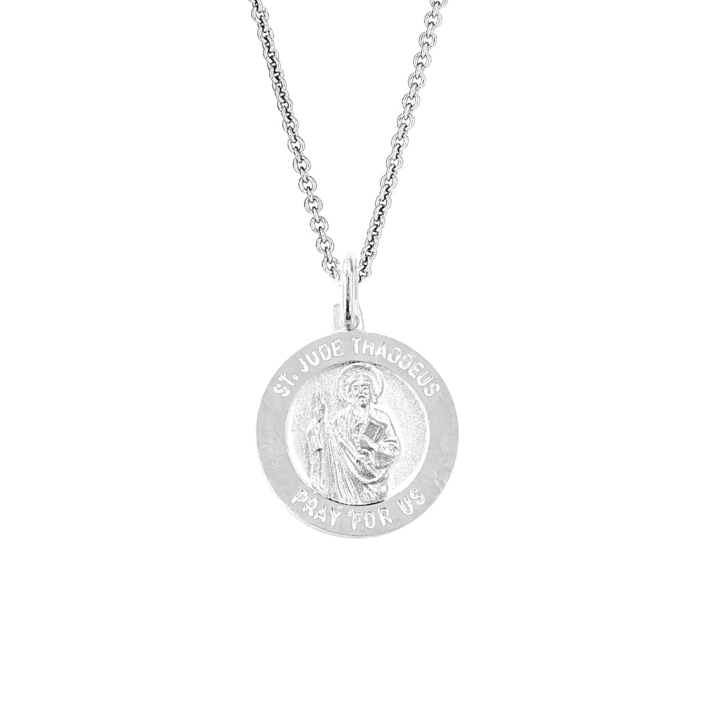 genuine stamped 925 sterling silver italian round st. saint jude thaddeus medal charm pendant necklace <br>medal size available in the following: small (15mm) or regular(19mm)<br> all pendants include a stamped 925 sterling silver cable chain. chain lengths available: 18" or 20"
<p>this highly detailed medal depicts saint jude thaddeus, the patron saint of desperate cases and lost causes. the outer ring features the insciption "st. jude thaddeus pray for us" <br>this medal is designed to last a life time an