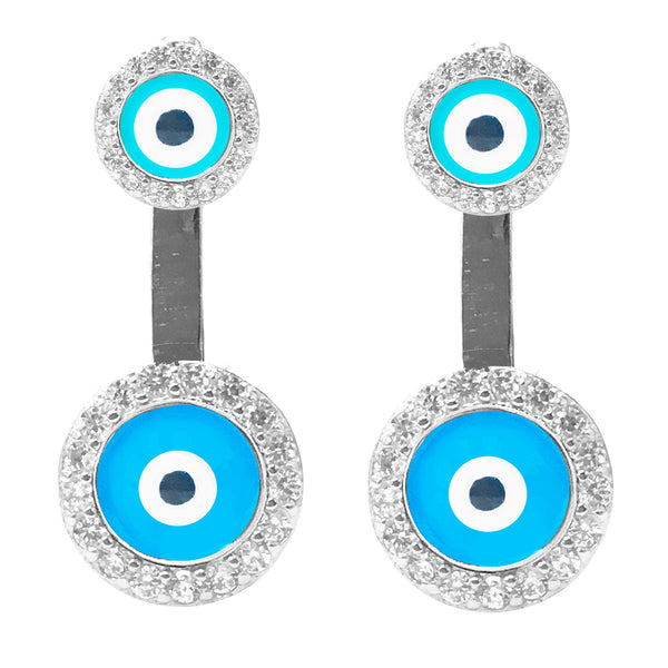 Sterling Silver Small Round Evil Eye Cubic Zirconia  Front Back Dangle 2 in 1 Stud Earrings Set