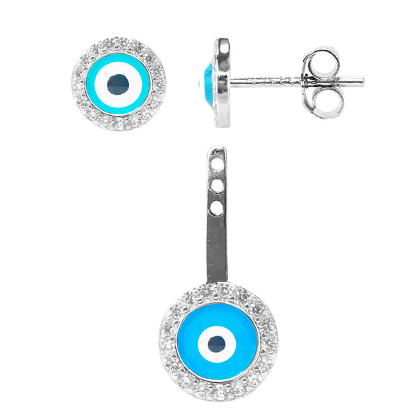 Sterling Silver Small Round Evil Eye Cubic Zirconia  Front Back Dangle 2 in 1 Stud Earrings Set