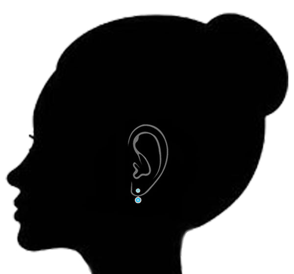 Sterling Silver Small Round Evil Eye Cubic Zirconia  Front Back Dangle 2 in 1 Stud Earrings Set