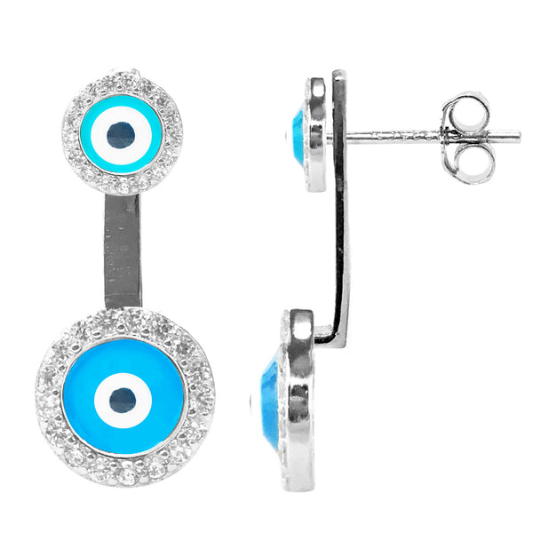 Sterling Silver Small Round Evil Eye Cubic Zirconia  Front Back Dangle 2 in 1 Stud Earrings Set