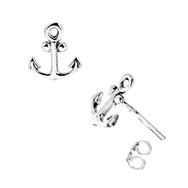 Sterling Silver Mini Nautical Anchor Tiny Stud Earrings 9x8mm