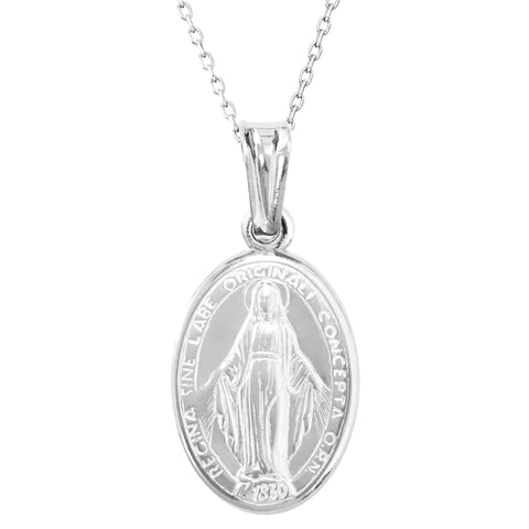 Sterling Silver Miraculous Mary Medal Small Charm Pendant Chain Necklace Front Side