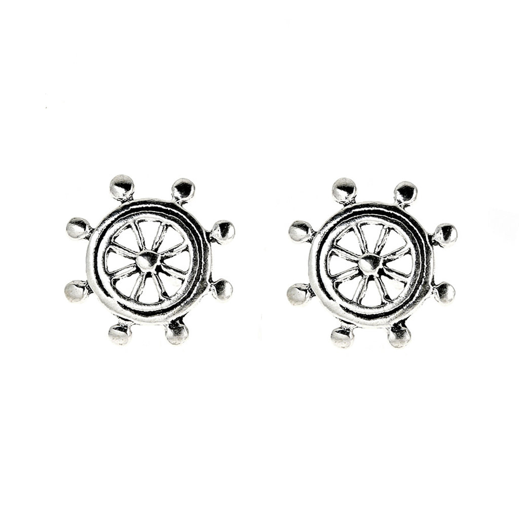 Sterling Silver Small Nautical Ship Wheel Stud Earrings 11mm