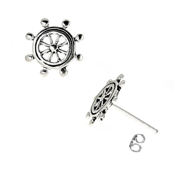 Sterling Silver Small Nautical Ship Wheel Stud Earrings 11mm