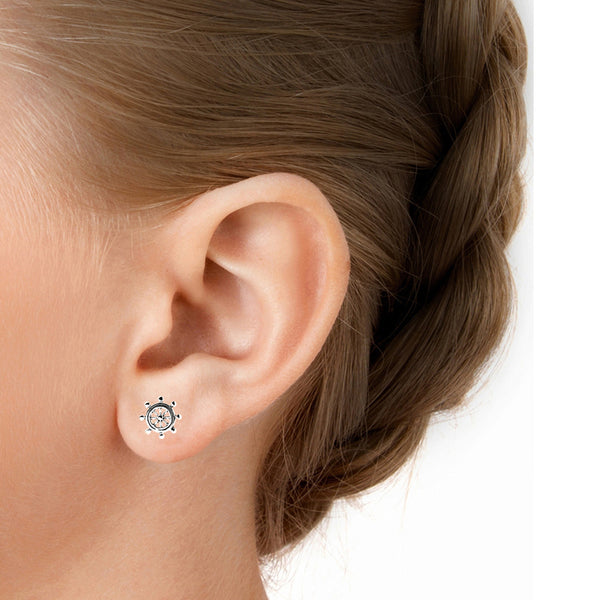 Sterling Silver Small Nautical Ship Wheel Stud Earrings 11mm
