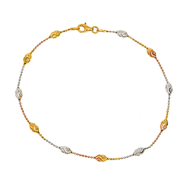 Sterling Silver Tri-Color Moon-Cut Oval Station Bead Italian Foot Chain Anklet 10"