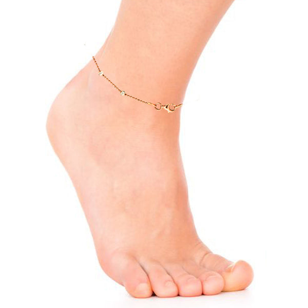 Sterling Silver Two-Tone Rose And White Moon-Cut Station Bead Foot Chain Italian Anklet 10"