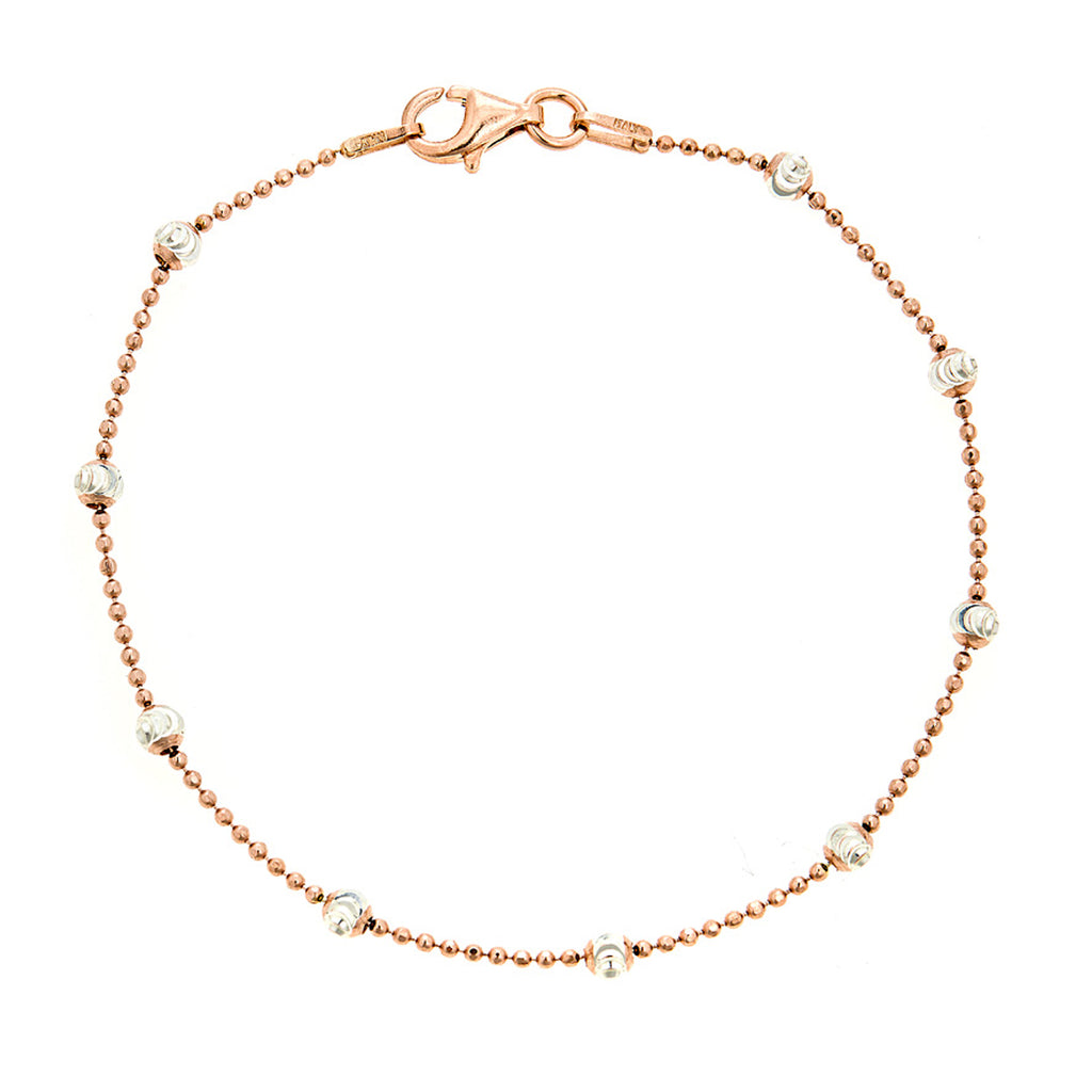 <style type="text/css"><!--td {border: 1px solid #cccccc;}br {mso-data-placement:same-cell;}--></style>
<p><span data-sheets-root="1">this exquisite sterling silver two-tone rose and white multi-color moon-cut station bead italian bracelet is a stunning piece that effortlessly combines elegance and modern design. crafted from high-quality sterling silver, this 7-inch bracelet features a unique blend of rose and white tones, showcasing a captivating moon-cut pattern that reflects light beautifully. each stat