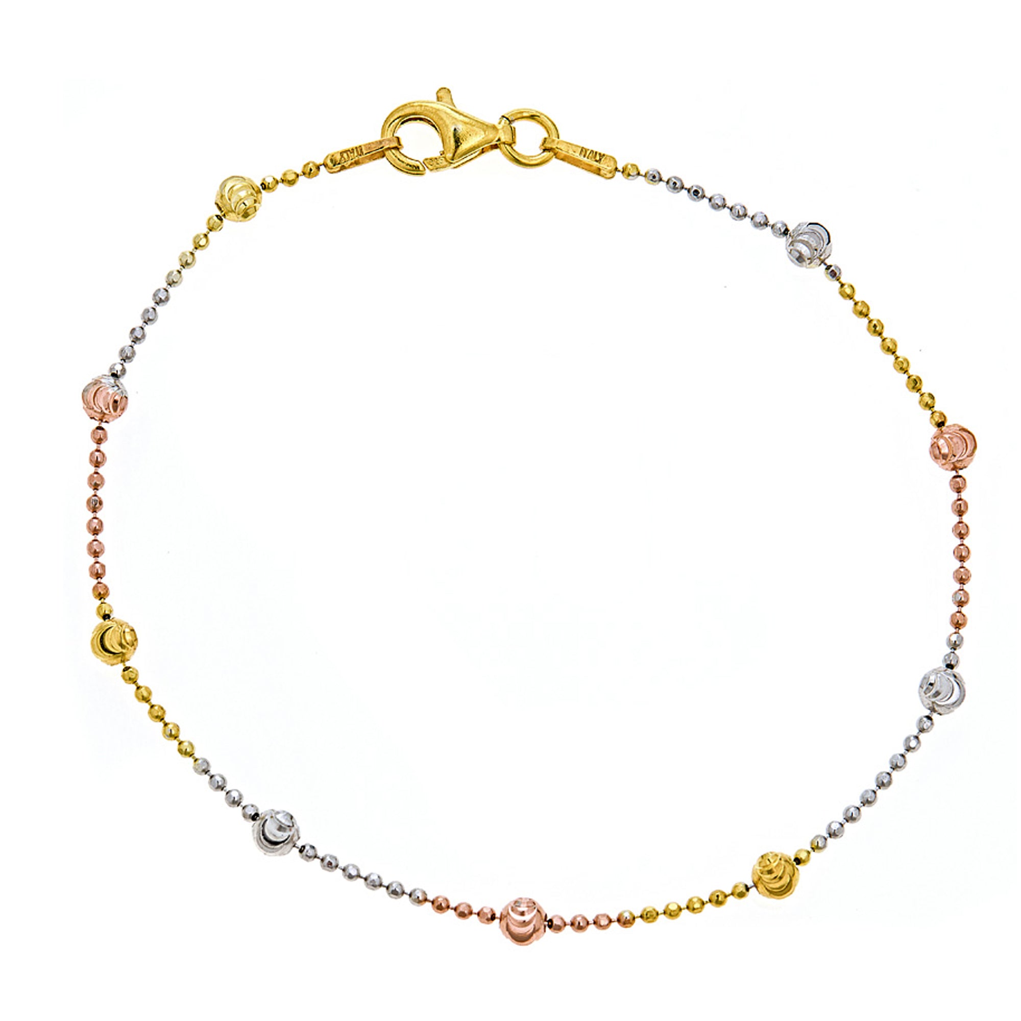 <style type="text/css"><!--td {border: 1px solid #cccccc;}br {mso-data-placement:same-cell;}--></style>
<p><span data-sheets-root="1">this exquisite 7-inch italian bracelet features a tri-color moon-cut round station bead design, combining the elegance of sterling silver with touches of gold and rose gold. the moon-cut technique enhances the bracelet’s sparkle and dimension, creating a refined and eye-catching accessory that complements any wardrobe.<br><br>crafted with precision and care in italy, this bra