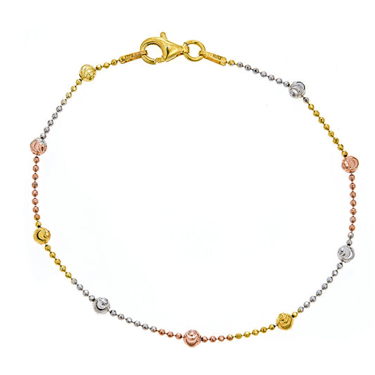 Ritastephens Luxurious Sterling Silver Tri-Color Moon-Cut Round Station Bead Italian Bracelet – 7-Inch Fine Craftsmanship with Elegant Tri-Color Design, Ideal for Any Occasion