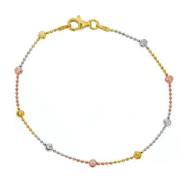 Sterling Silver Tri-Color Moon-Cut Round Station Bead Italian Bracelet 7"