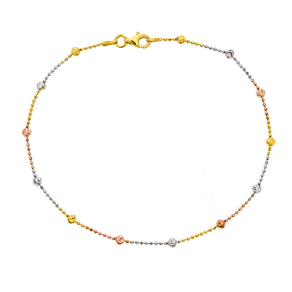 Sterling Silver Tri-Color Moon-Cut Round Station Bead Italian Foot Chain Anklet 10"