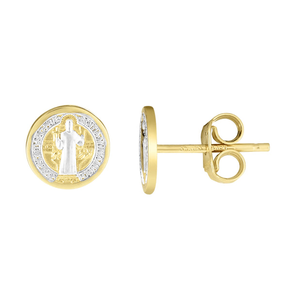 Ritastephens 14k Yellow White Two-tone Gold Mini Round San Benito St Saint Benedict Tiny Medal Stud Earrings