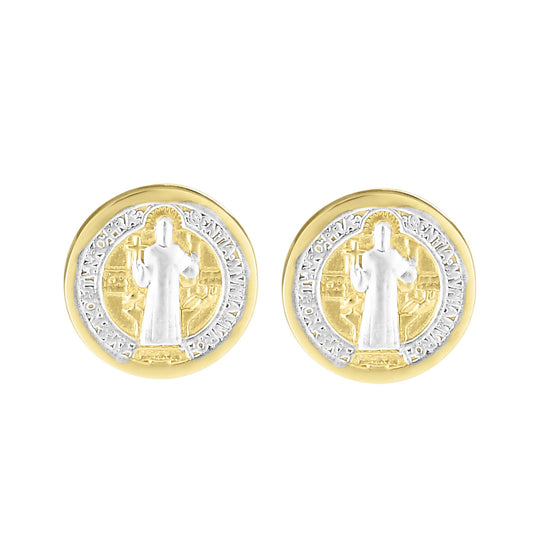 Ritastephens 14k Two-Tone Gold Saint Benedict Mini Stud Earrings – Elegant Yellow & White Gold Religious Jewelry with Timeless Charm and Craftsmanship