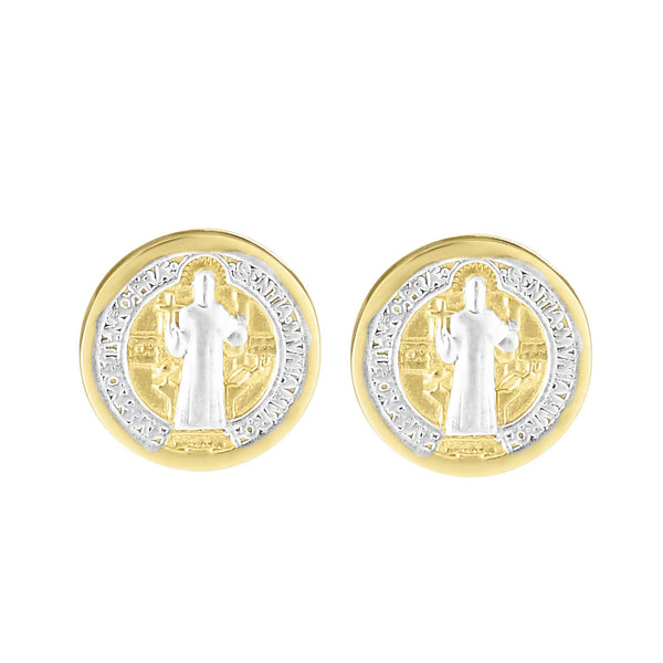 Ritastephens 14k Yellow White Two-tone Gold Mini Round San Benito St Saint Benedict Tiny Medal Stud Earrings