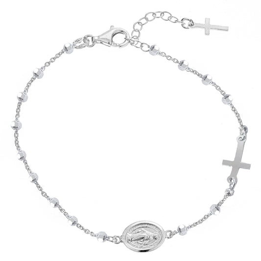 Ritastephens Sterling Silver Miraculous Medal Rosary Bracelet with Sideways Cross – Adjustable 7'' Chain, Spiritual Jewelry Gift for Her