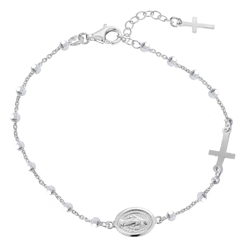 Sterling Silver Miraculous Medal Rosary Sideways Cross Bracelet 7" Adjustable