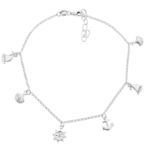 .925 Sterling Silver Nautical Ankle Charm Bracelet Anklet 9-9.5" Adjustable