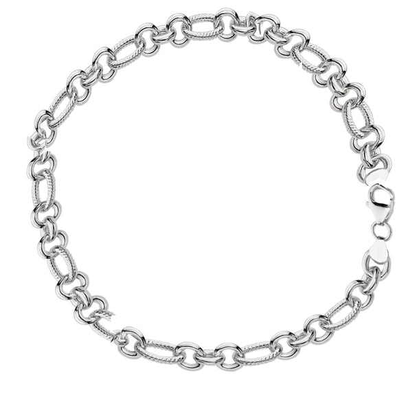 Sterling Silver Rolo Link Fancy Charm Bracelet Chain with Lobster Lock 7.25 Inches