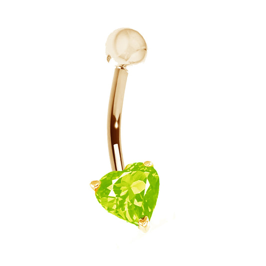 Ritastephens 14K Solid Yellow Gold Belly Button Navel Ring with Genuine Peridot Heart – Elegant Body Art Jewelry Featuring a Stunning Heart-Shaped Peridot for a Chic and Sophisticated Look