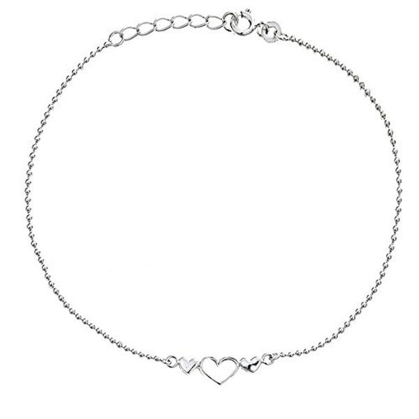 Sterling Silver Three Hearts Beads Ankle Bracelet Anklet 9"-10"