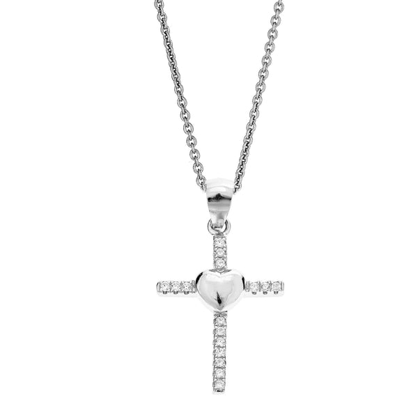 Sterling Silver Heart Cubic Zirconia Cross Charm Necklace 18 Inches