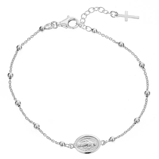 Ritasstephens Sterling Silver Miraculous Medal Rosary Cross Bracelet & Anklet Set – Adjustable 6"-7" Bracelet & 10" Anklet for Spiritual Elegance