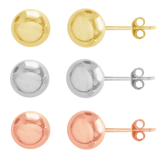 Ritastephens New 14K Real Yellow, White & Rose Gold Ball Earrings Set - 6mm Stud Post Earrings, 3 Pairs | Classic, Dainty Gold Studs for Everyday Wear & Gifts