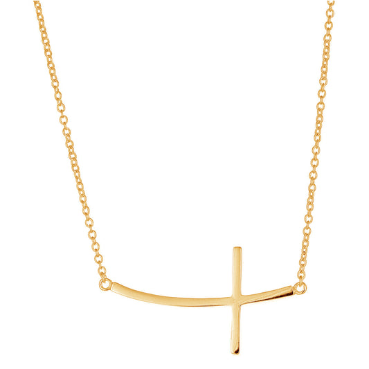 Curved Sideways Cross Necklace Adjustable 16"-18" Length 14K Gold Overlay Sterling Silver
