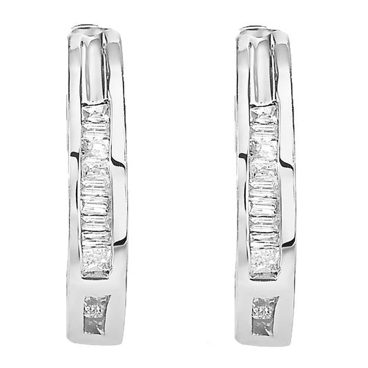 Ritastephens   Sterling Silver Baguette Cut CZ Huggie Hoop Earrings - Elegant Cubic Zirconia Huggies, Classic Silver Hoops, Shiny & Polished Design