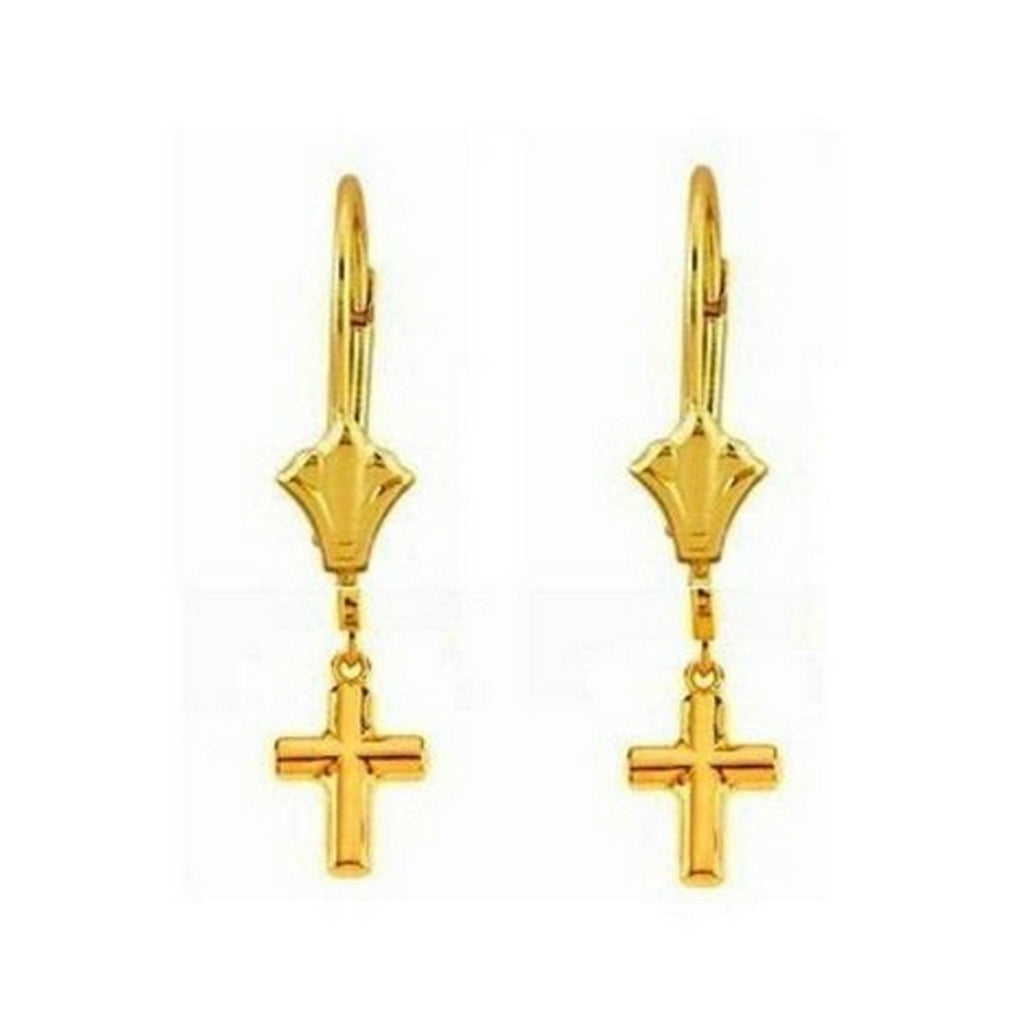 10K Real Yellow Gold Faith Cross Earrings Lever Back Dangle Earrings