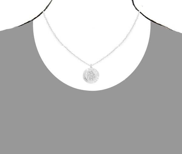 Sterling Silver Unisex Saint St Christopher Medal 24mm Large Round Charm Pendant Rolo Chain Necklace