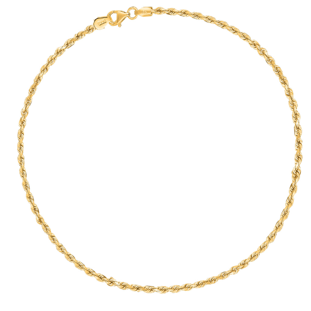 14k Real Yellow Gold Rope Chain Anklet Ankle Bracelet 10" 2mm