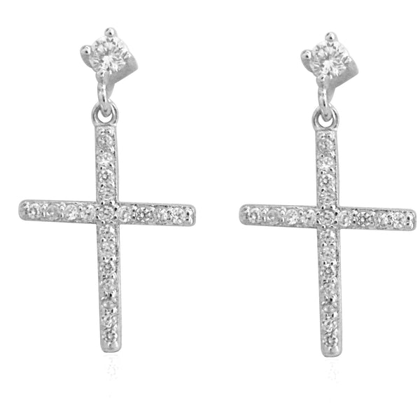 Sterling Silver CZ Baby Cross Dangle Earrings 20x11mm