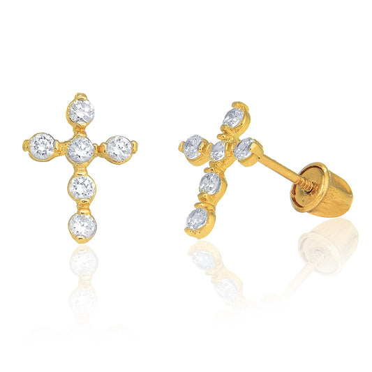 Ritastephens 14K Yellow Gold Children's Cross Stud Earrings with Cubic Zirconia CZ – Elegant and Delicate Post Design Featuring a High-Quality Religious Symbol, Classic Style, Polished Finish, Small and Lightweight for Timeless and Durable Wear