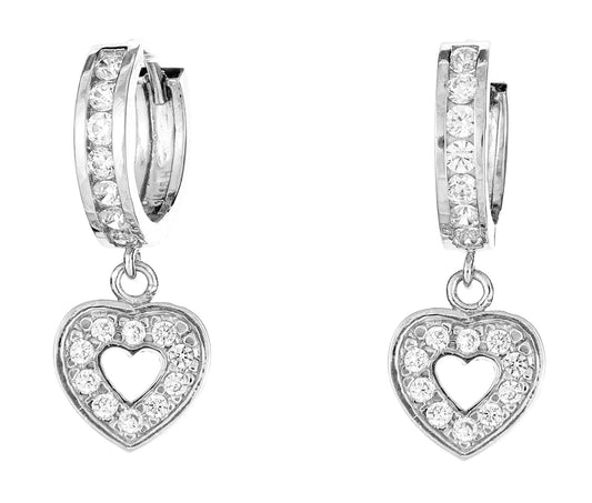 Ritastephens .925 Sterling Silver Open Heart Dangling Huggy Earrings with Sparkling White CZ Accents – Elegant Huggie Design