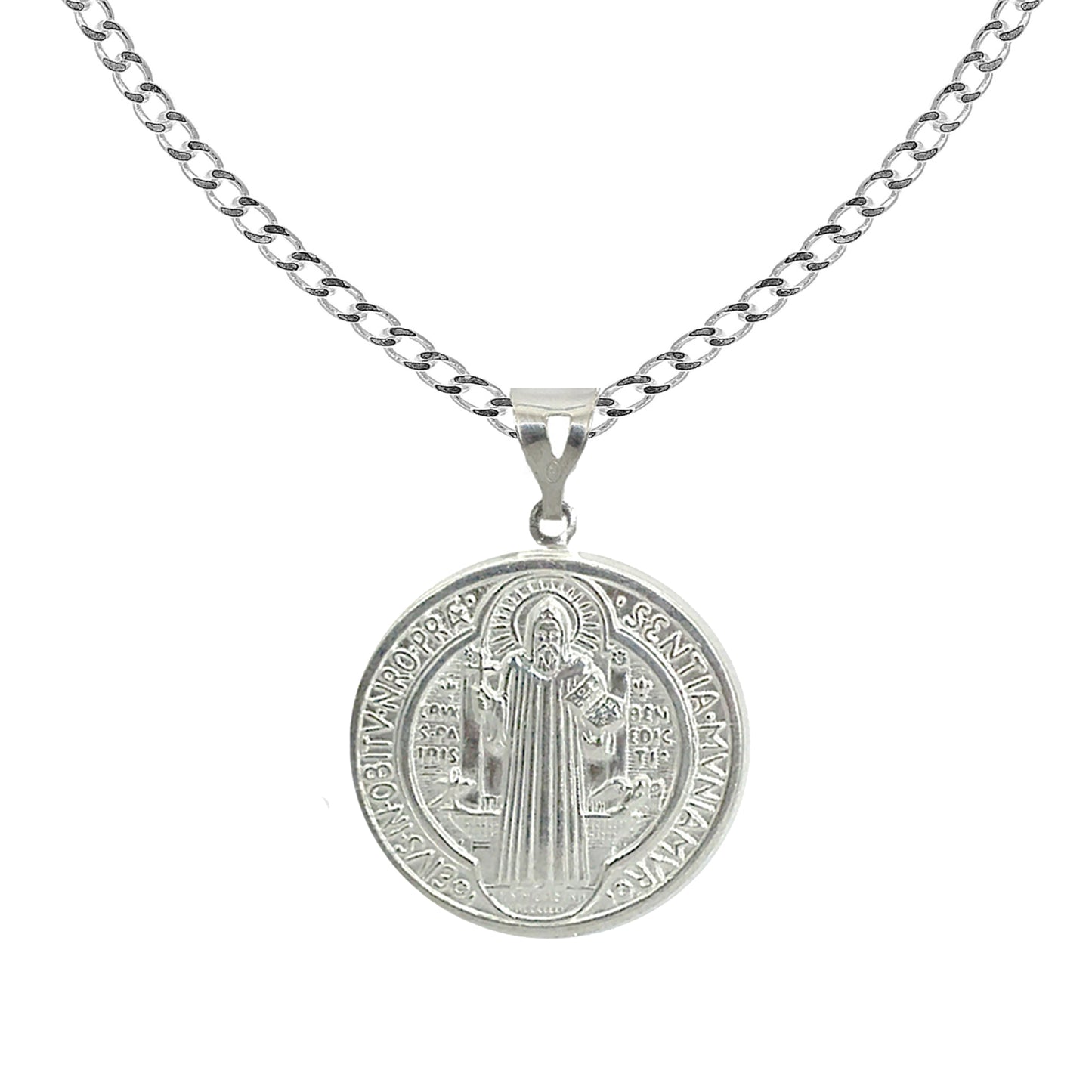 Ritastephens Sterling Silver San Benito Saint Benedict Medallion Necklace – 20mm Charm on Curb Chain, Elegant Religious Jewelry Symbolizing Protection