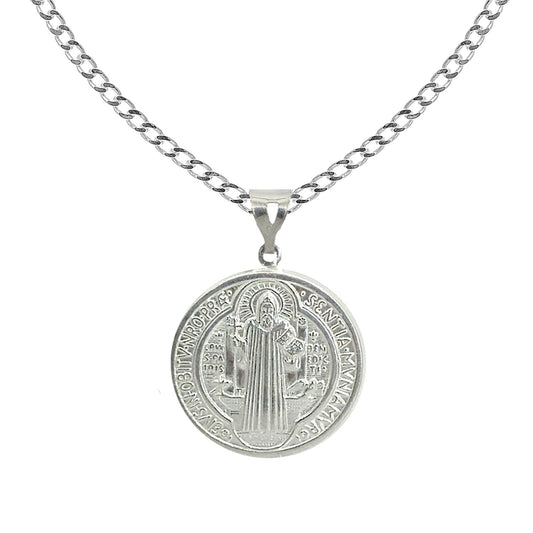 Ritastephens Sterling Silver San Benito Saint Benedict Medallion Necklace – 20mm Charm on Curb Chain, Elegant Religious Jewelry Symbolizing Protection