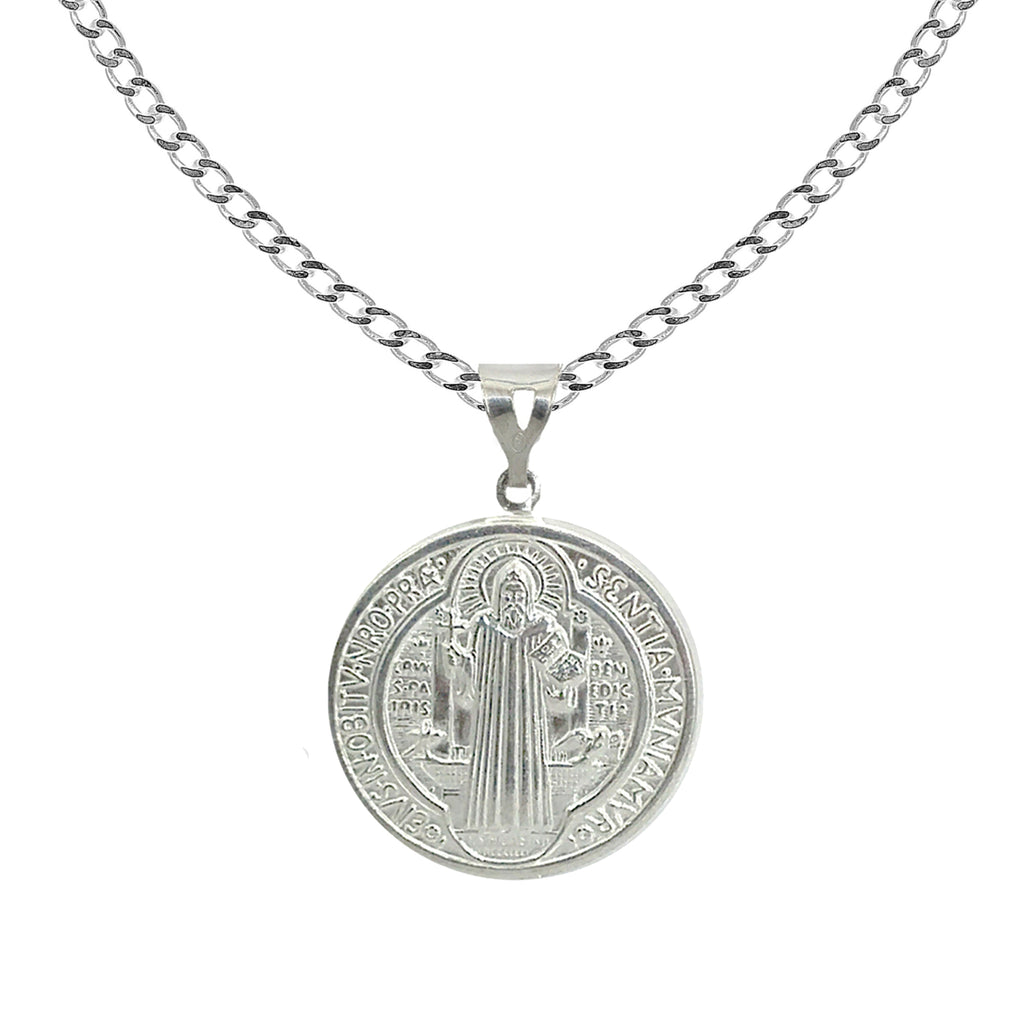 Sterling Silver San Benito St Saint Benedict Medallion 20MM Medal Charm Curb Chain Necklace