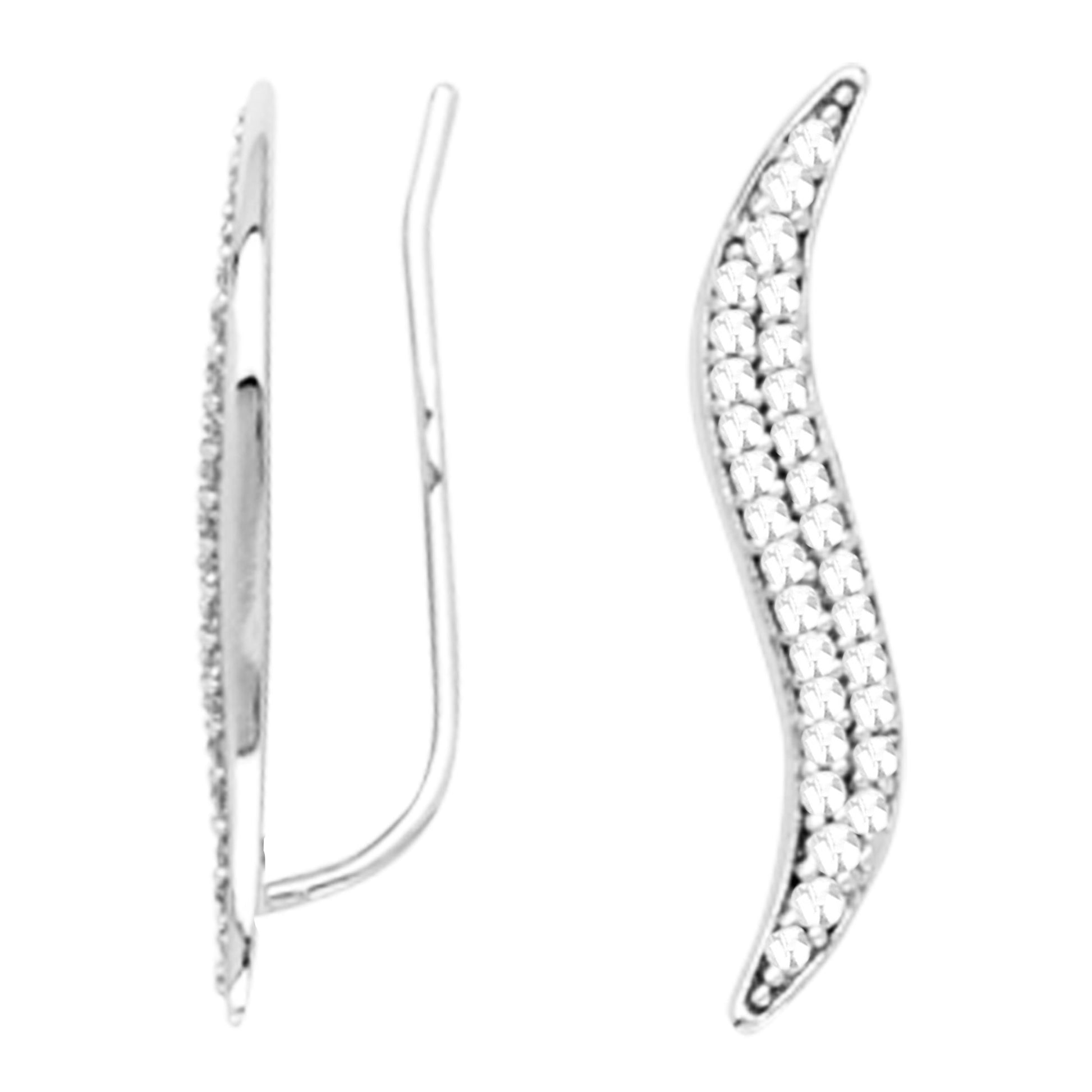 14k White Gold Cubic Zirconia Curved Ear Climber Crawler Earrings 