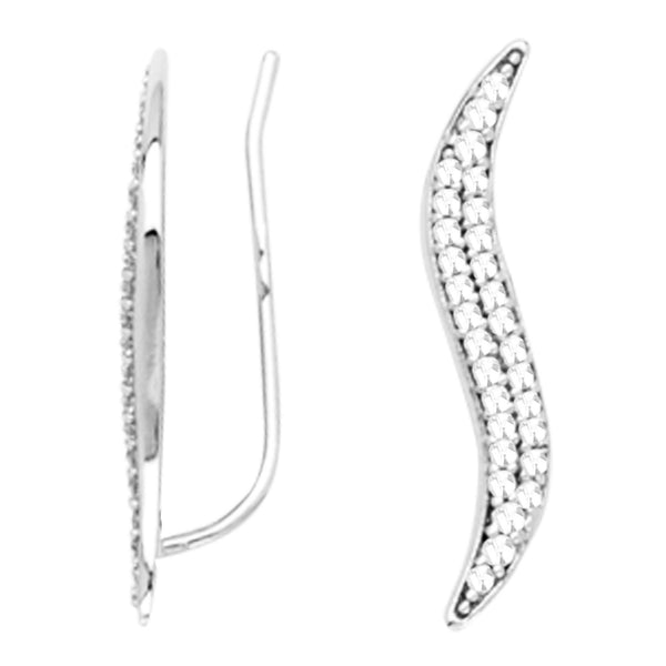 14k White Gold Cubic Zirconia Curved Ear Climber Crawler Earrings 