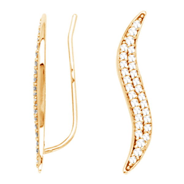 14k Yellow Gold Cubic Zirconia Curved Ear Climber Crawler Earrings 